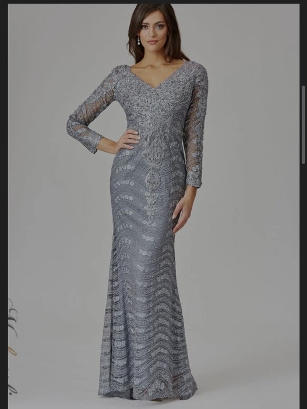 LARA Silver Slate Beaded Long Sleeve Evening Gown 29453 Mob